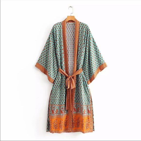 Teal Boho Kimono Floral Gypsy Print Maxi CoverUp - Picture 2 of 15